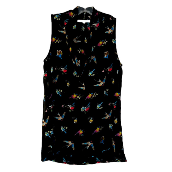 Monk & Lou Tops - Monk & Lou Multi Bird Print Sleeveless Shawl Collar Blouse XXS Black
